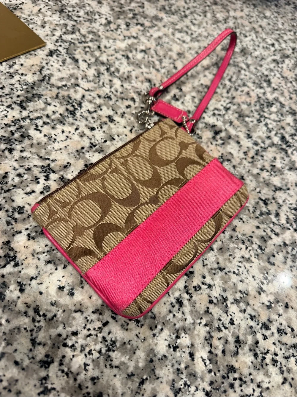 Coach Signature Canvas Wristlet in Brown and Hot Pink